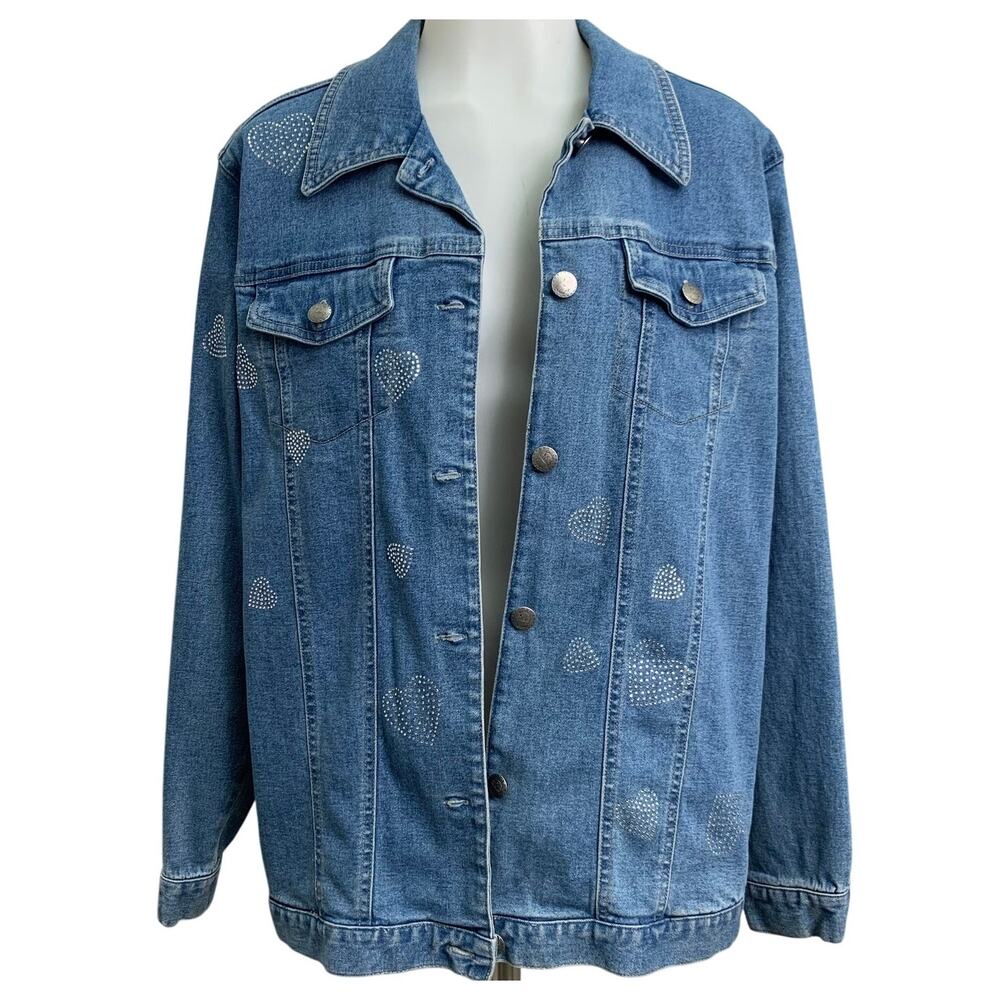 Quaker Factory Medium Heart Sequin Jean Jacket Stretch Sparkles Pockets Branded